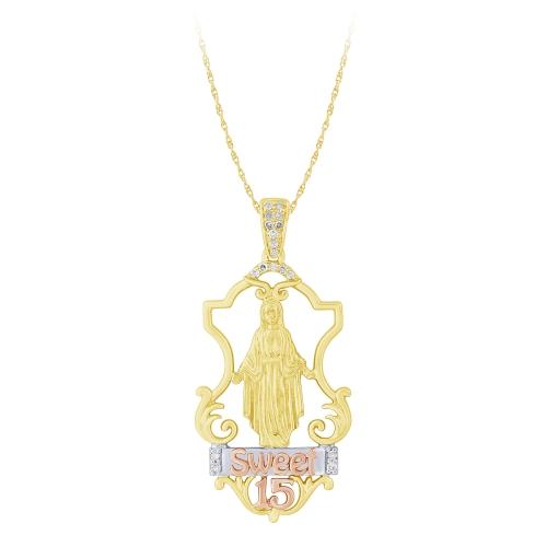 Sweet 15® Natural Diamonds Virgen Maria Quinceanera Pendant - 0.10 Ct. T.w. in 14K Tri-color Gold