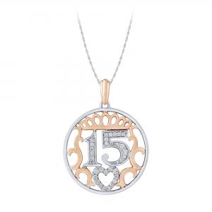 Sweet 15® Crown & Heart Quinceanera Pendant - 0.13 Ct. T.w. in 14K White Rose Gold