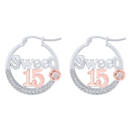 Sweet 15® Rose Motif Accented Quinceanera Latch Back Closure Hoops - 0.25 Ct. T.w. in 14K White Rose Gold