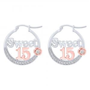 Sweet 15® Rose Motif Accented Quinceanera Latch Back Closure Hoops - 0.25 Ct. T.w. in 14K White Rose Gold