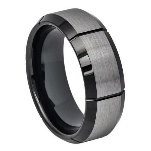 Two-tone Brushed Center with Multiple Vertical Grooves & Black IP Beveled Edge - 8MM Band