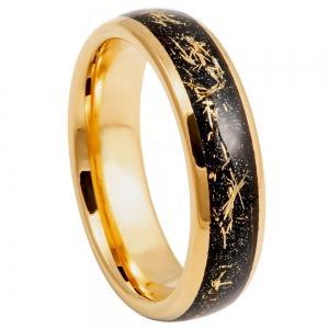 Yellow Gold IP Plated Domed Ring with Imitation Meteorite Inlay - 6MM Band