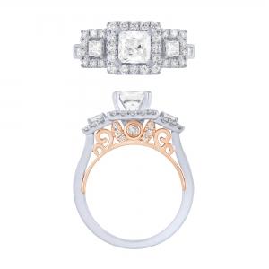 Diani®  3-stone Cubic Zirconia Halo Crown Bridal Ring with Princess-cut Center (Pave and Prong setting) - 1 Ct. T.w. in 14K White Rose Gold