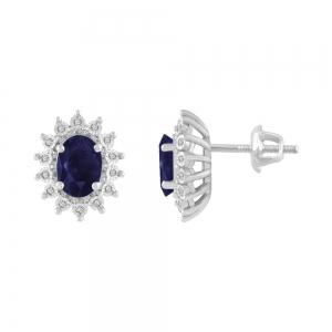 Oval Sapphire Starburst Halo Diamond Screw Studs - 1.80 Ct. T.w. in 14K White Gold