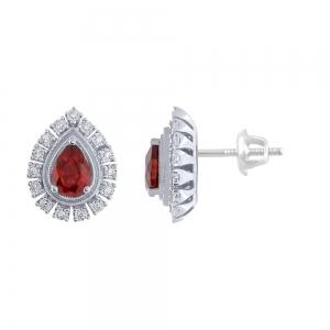 Pear-cut Ruby Sunburst Halo Diamond Screw Studs - 2 Ct. T.w. in 14K White Gold