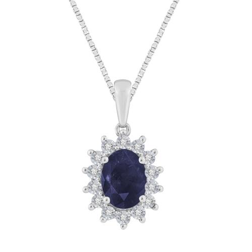 Oval Sapphire Starburst Diamond Pendant - 2 Ct. T.w. in 14K White Gold