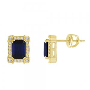 Emerald-cut Sapphire Halo Diamond Screw Studs - 0.25 Ct. T.w. in 14K Yellow Gold