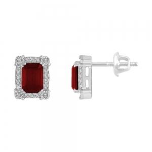 Emerald-cut Ruby Halo Screw Studs - 0.25 Ct. T.w. in 14K White Gold