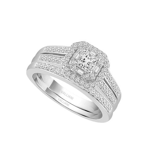 Diani® 3-row Princess-cut and Baguette Bridal Ring Set - 0.75 Ct. T.w. in 14K White Gold