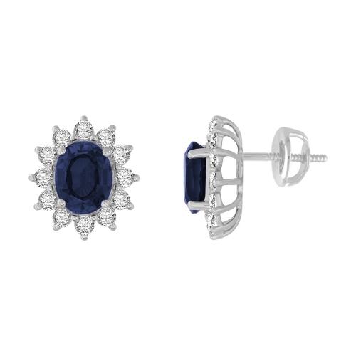 Oval Sapphire Starburst Diamond Screw Studs - 4.45 Ct. T.w. in 14K White Gold