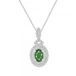Oval Emerald with Double Halo & Twist Bail Diamond Pendant - 0.25 Ct. T.w. in 10K White Gold