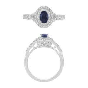 Oval Sapphire Double Halo Ring with Twisted Diamond Shank - 0.33 Ct. T.w. in 10K White Gold