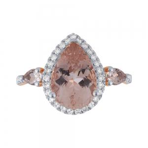 Pear Morganite Halo 3-Stone Diamond Ring - 0.30 Ct. T.w. in 10K Rose Gold