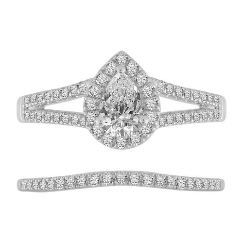 1/2 Ct. Center & 1 Ct. T.w. Lab-grown Pear Halo Split Shank Wedding Ring Set - Novello In 14Kt White Gold