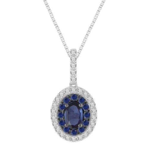 Oval Sapphire Double Halo Diamond Pendant - 0.20 Ct. T.w. in 14K White Gold