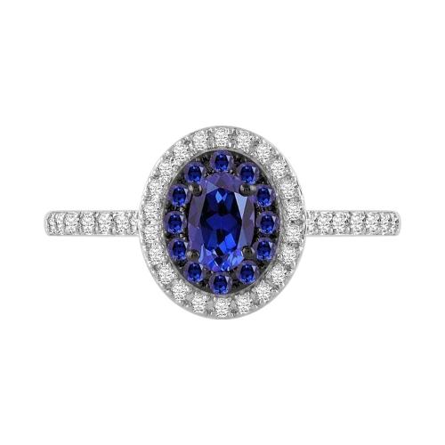 Oval Sapphire Double Halo Diamond Ring - 0.30 Ct. T.w. in 14K White Gold