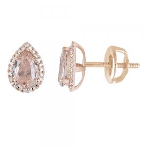 Pear-cut Morganite Halo Diamond Screw Studs - 2 Ct. T.w. in 10K Rose Gold