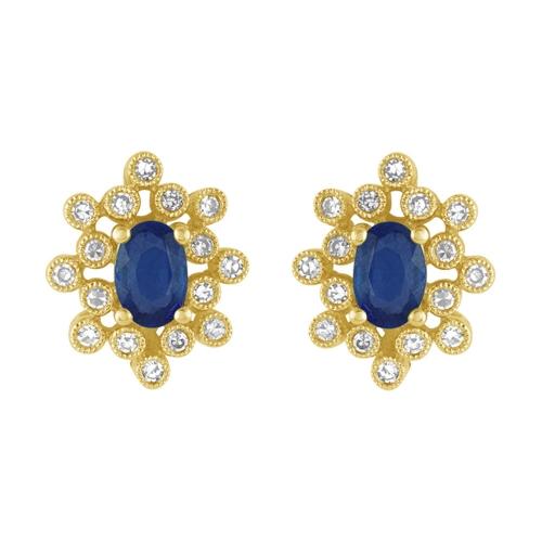 Oval Sapphire Starburst Halo Diamond Screw Studs - 0.25 Ct. T.w. in 10K Yellow Gold