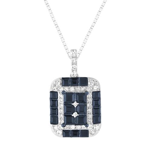 Square-cut Sapphires Checkerboard Diamond Pendant - 0.20 Ct. T.w. in 14K White Gold