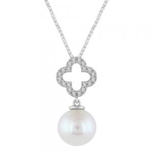 Clover with Drop Pearl Diamond Pendant - 0.16 Ct. T.w. in 10K White Gold