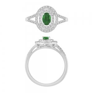 Oval Emerald with Double Halo & Split Shank Diamond Ring - 0.25 Ct. T.w. in 10K White Gold