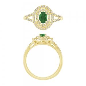 Oval Emerald with Double Halo & Split Shank Diamond Ring - 0.25 Ct. T.w. in 10K Yellow Gold