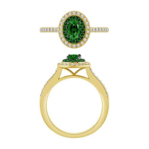 Oval Emerald with Double Halo Diamond Ring - 0.30 Ct. T.w. in 14K Yellow Gold
