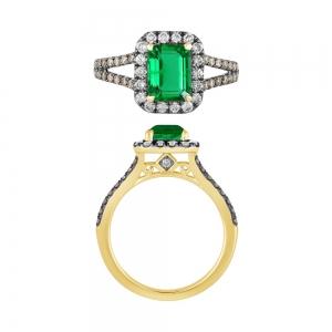 Emerald with Black Rhodium Accents Halo Diamond Ring - 0.75 Ct. T.w. in 10K Yellow Gold