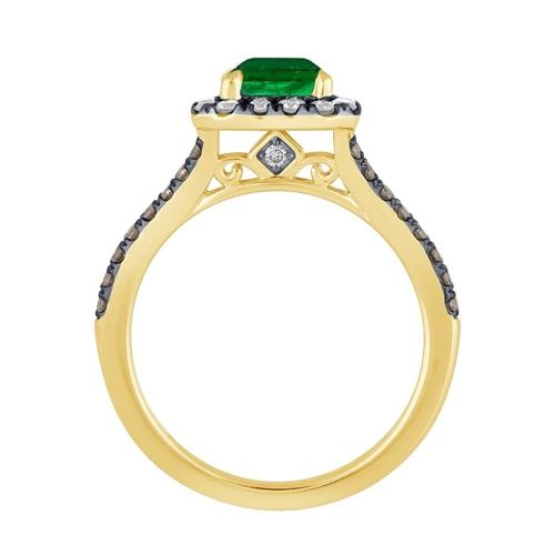 Emerald with Black Rhodium Accents Halo Diamond Ring - 0.75 Ct. T.w. in 10K Yellow Gold
