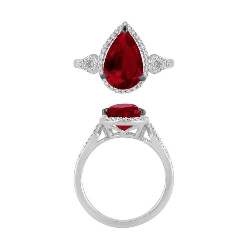 Pear-cut Ruby Halo with Diamond Accented Shank Ring - 0.25 Ct. T.w. in 10K White Gold