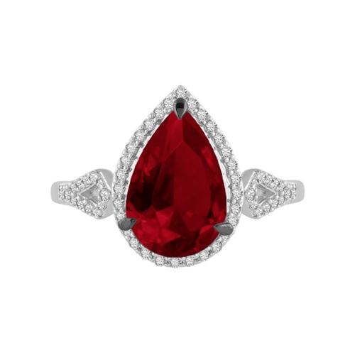 Pear-cut Ruby Halo with Diamond Accented Shank Ring - 0.25 Ct. T.w. in 10K White Gold