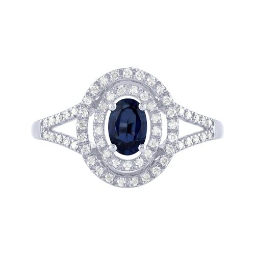 Oval Sapphire Double Halo Diamond Ring - 0.25 Ct. T.w. in 14K White Gold