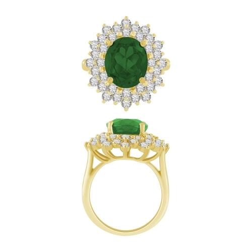 Oval Emerald with Double Halo Diamond Cocktail Ring - 2 Ct. T.w. in 14K Yellow Gold