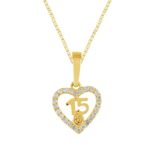 Sweet 15® Heart Quinceanera Pendant with Rose - 0.20 Ct. T.w. in 14K Yellow Gold