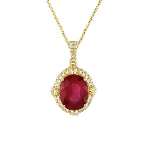 0.65CT. T.W. DIAMOND 4.50CT RUBY OVAL SHAPE HALO PENDANT IN 14KT GOLD