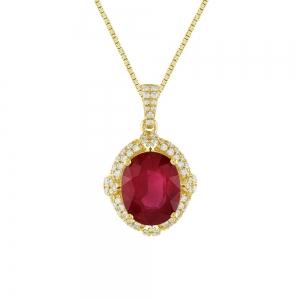 0.65CT. T.W. DIAMOND 4.50CT RUBY OVAL SHAPE HALO PENDANT IN 14KT GOLD
