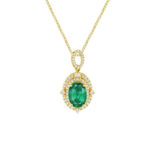 0.22CT. T.W. DIAMOND 1.00CT EMERALD DOUBLE HALO PENDANT IN 14KT GOLD