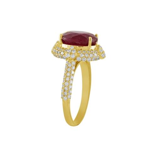1CT. T.W. DIAMOND 4.50CT RUBY SIDE HALO LADYS RING IN 14KT GOLD