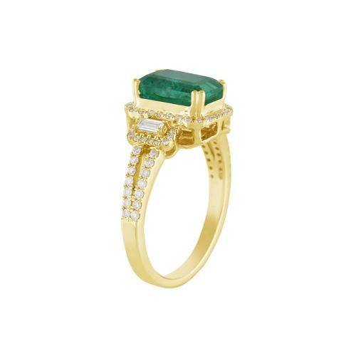 0.42CT. T.W. DIAMOND 1.00CT EMERALD HALO SPLIT SHANK BAGUETTE LADYS RING IN 14KT GOLD