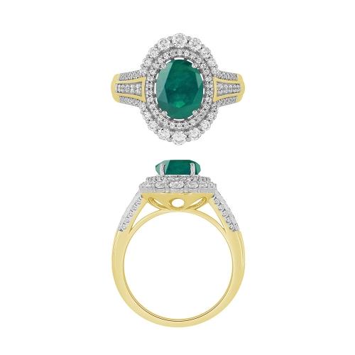 Oval Emerald and Diamond Double Halo Ring - 1.60 Ct. T.w. in 14K Yellow Gold