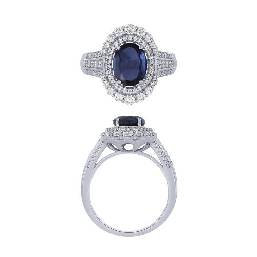 Oval Sapphire and Diamond Double Halo Ring - 2.20 Ct. T.w. in 14K White Gold
