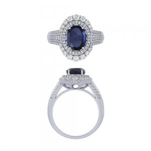Oval Sapphire and Diamond Double Halo Ring - 2.20 Ct. T.w. in 14K White Gold
