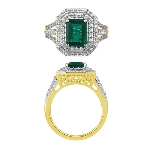 Emerald and Diamond Double Halo Split Shank Ring - 0.75 Ct. T.w. in 14K Yellow Gold