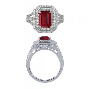 Ruby and Diamond Double Halo Split Shank Ring - 0.75 Ct. T.w. in 14K White Gold