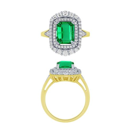 Emerald and Diamond Double Halo Ring - 0.75 Ct. T.w. in 14K Yellow Gold