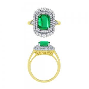 Emerald and Diamond Double Halo Ring - 0.75 Ct. T.w. in 14K Yellow Gold