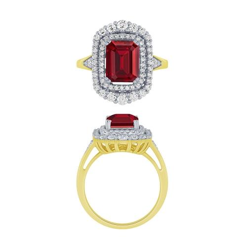 Ovani® Emerald-cut Double Halo Ruby and Diamond Cocktail Ring - 0.75 Ct. T.w. in 14K Yellow Gold