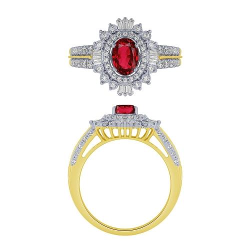 Oval Ruby Double Halo with Baguette Accents Split Shank Ring - 0.50 Ct. T.w. in 14K Yellow Gold