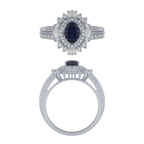 Oval Sapphire Double Halo with Baguette Accents Split Shank Ring - 0.50 Ct. T.w. in 14K White Gold