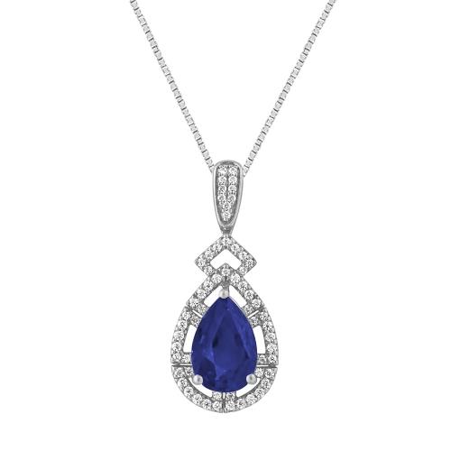 Pear-cut Sapphire with Diamond Detailed Outline Pendant - 0.20 Ct. T.w. in 14K White Gold